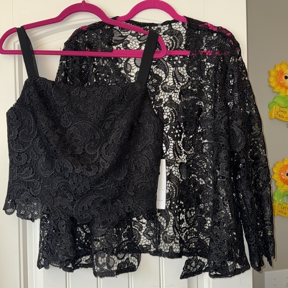 Black lace cropped tank and open long sleeve lace topper set NWT sexy goth M